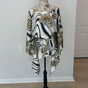 Kaelyn Max XL Tunic Top‎ Belted Animal Print Black White Abstract Long Sleeve